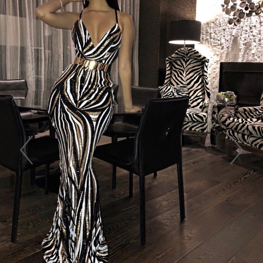 Black Gold and White Sequins Padded Mermaid Gown